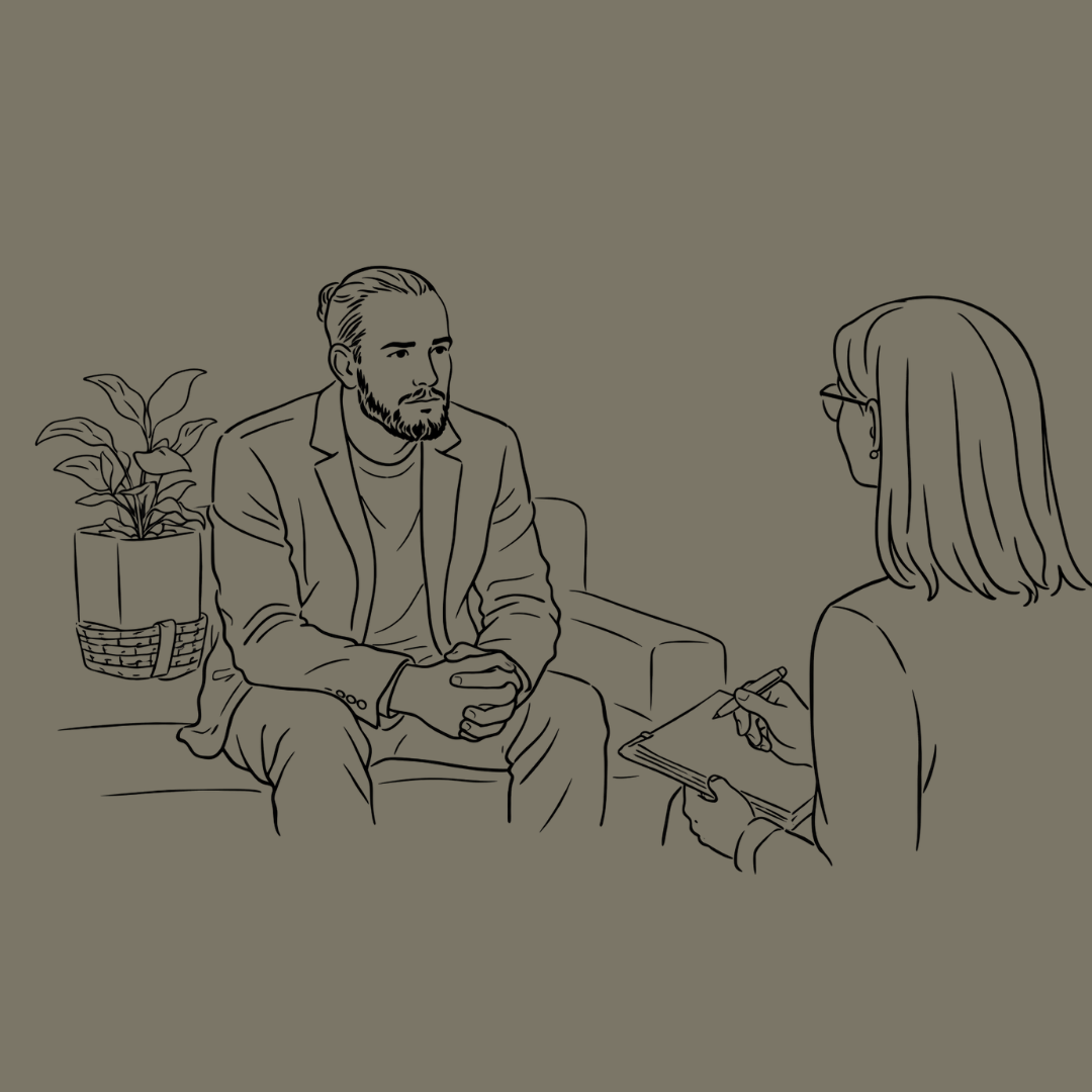 Illustration af mand alene i parterapi, der viser hvordan individuel terapi kan skabe forandring i parforholdet.