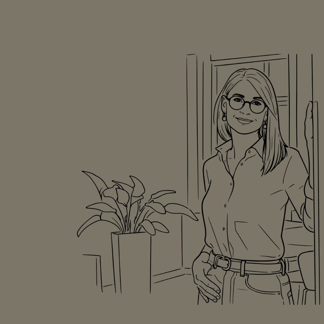 Stregtegning af parterapeut i klinik, der signalerer tryghed og professionalisme.