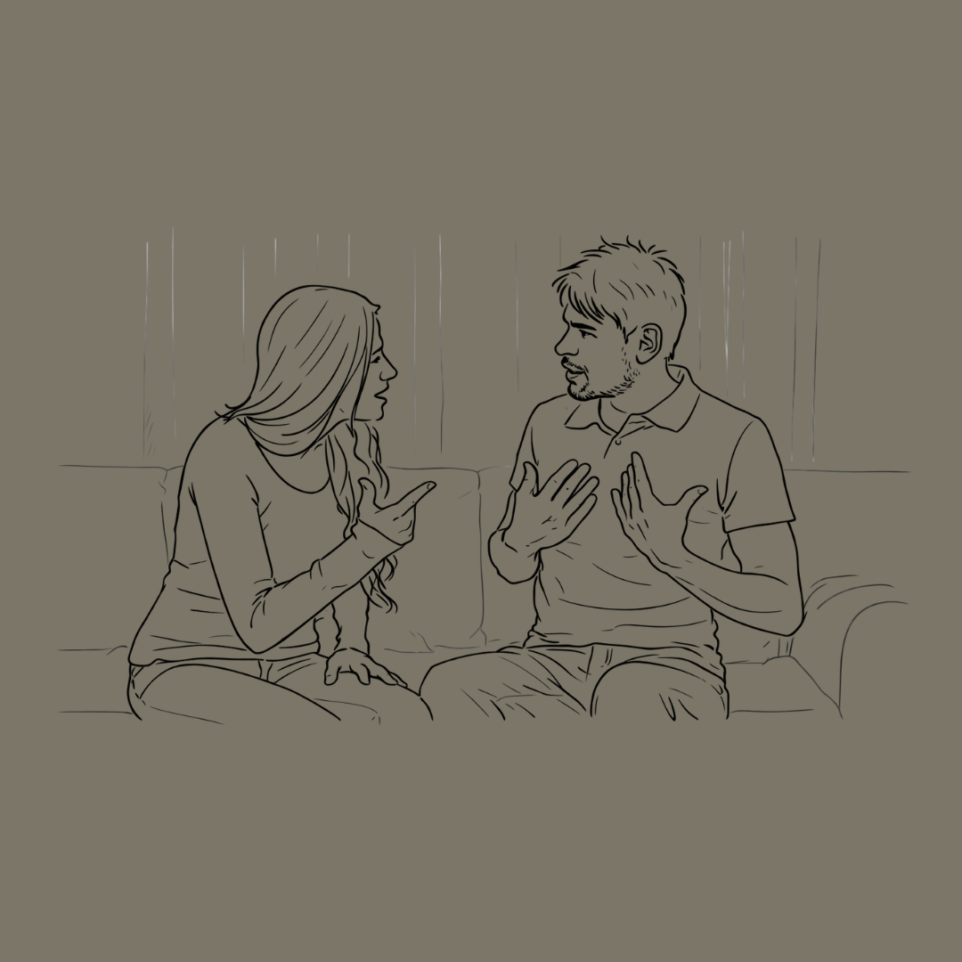 Illustration af par i samtale, hvor begge tager ansvar for egne følelser og perspektiver.